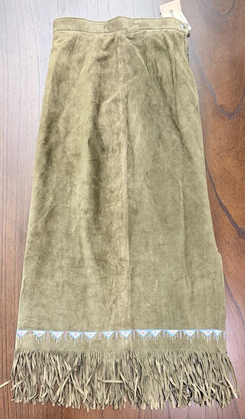 NEW Designer Patty Lewis Western Painted Fringe Leather Suede Green Skirt VTG 26